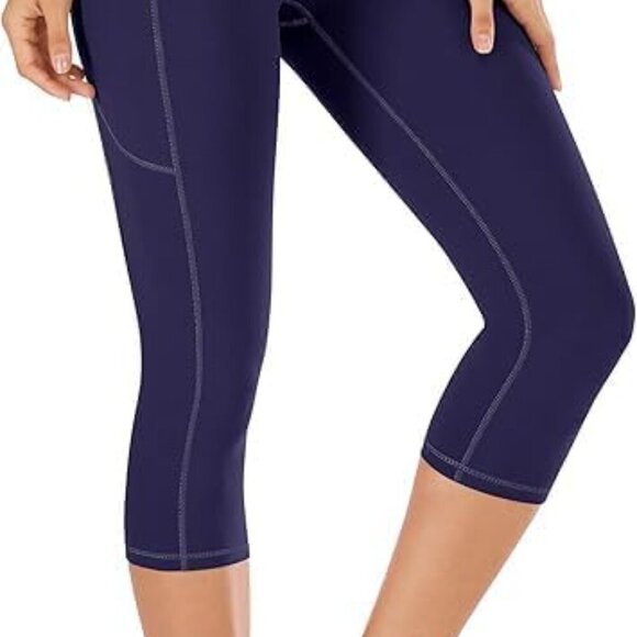 Navy High Waist Yoga Capris with Pockets for Women, Slim Fit, 4-Way Stretch, Sof - Picture 3 of 6